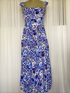Kenny Flowers Blue Floral Maxi Tiered  Dress with Ruffle Straps Smocked Back XL